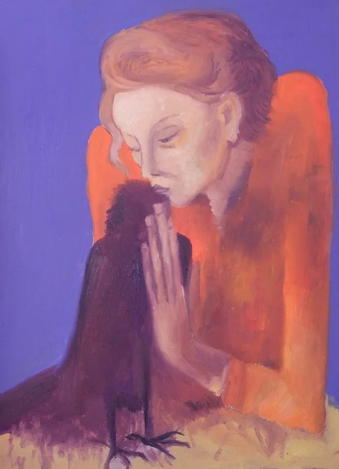 Da picasso donna con corvo olio su tavoletta, opera di Emilio Ventura