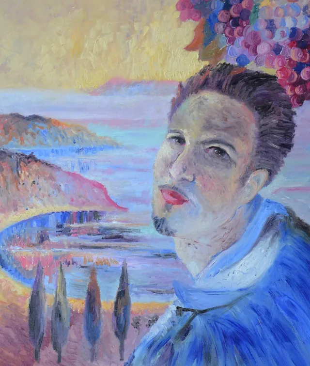 Autoritratto di Emilio Ventura inserito in un quadro nello stile di Salvador Dalí