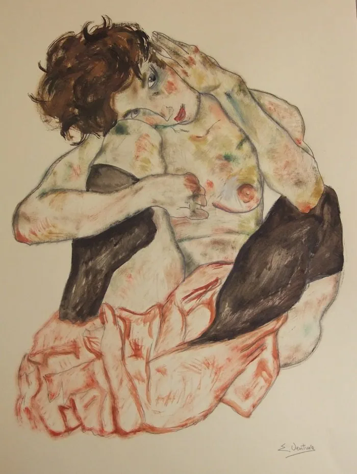 Di egon schiele nudo di ragazza accovacciata la guancia appoggiata al, opera di Emilio Ventura